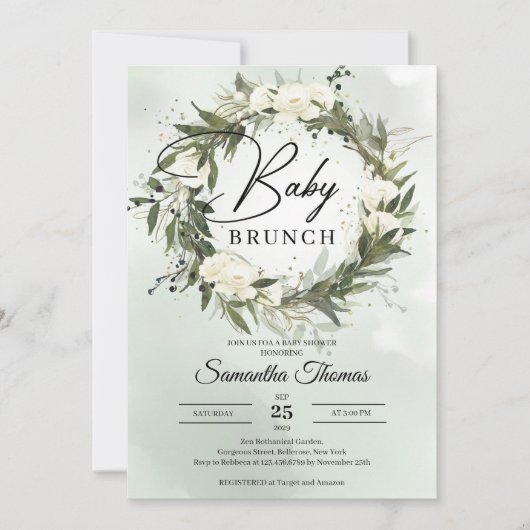 Invitation Boho Forest feuillage vert blanc roses brunch (Devant)