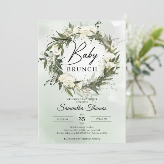 Invitation Boho Forest feuillage vert blanc roses brunch (Debout devant)