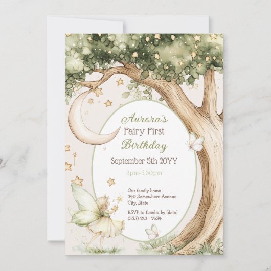 Invitation Boho forest watercolor Fairy First birthday (Devant)