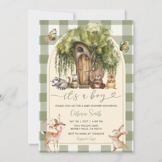 Invitation Boho forest wild animals baby shower Green Gingham (Devant)