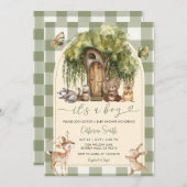 Invitation Boho forest wild animals baby shower Green Gingham (Devant / Derrière)