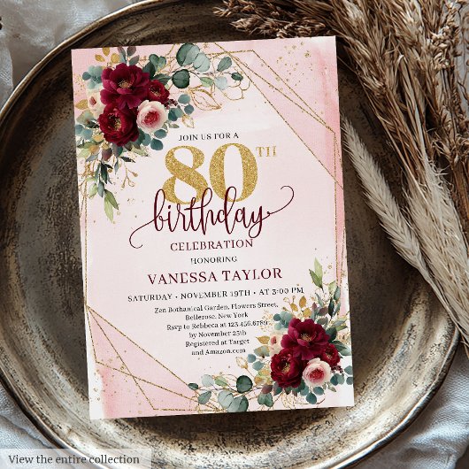 Invitation Boho Formal Dark Red Gold Roses 80e anniversaire