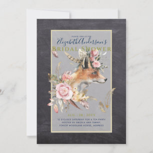 Invitation Boho FOX Fête des mariées Plumes de bois Floral