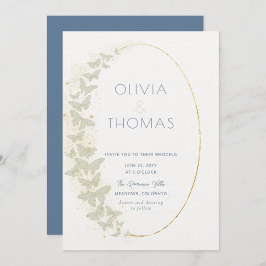 Invitation Boho Frame Blue Gold Butterflies Mariage élégant (Devant / Derrière)