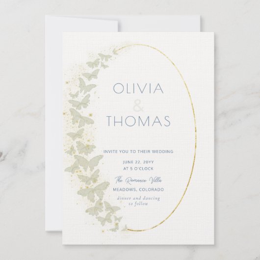 Invitation Boho Frame Blue Gold Butterflies Mariage élégant (Devant)