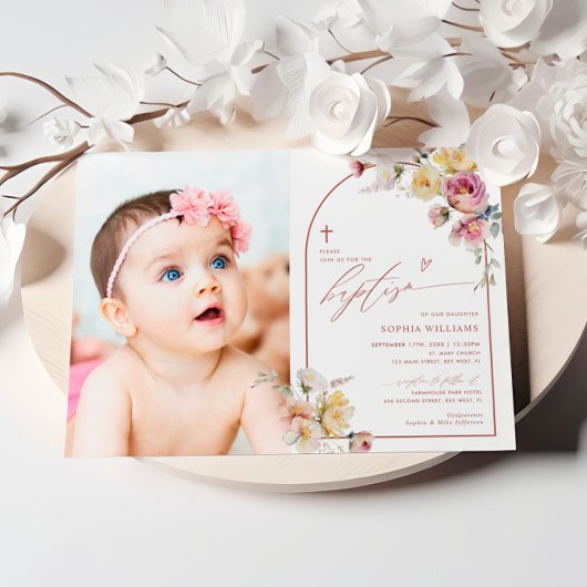 Invitation Boho Garden Fleurs Roses Photo Girl Baptism