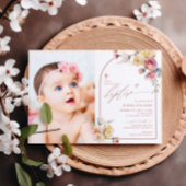Invitation Boho Garden Fleurs Roses Photo Girl Baptism