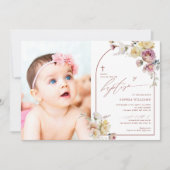 Invitation Boho Garden Fleurs Roses Photo Girl Baptism (Devant)