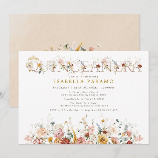 Invitation Boho Garden Flowers Quinceañera 15e anniversaire (Devant / Derrière)
