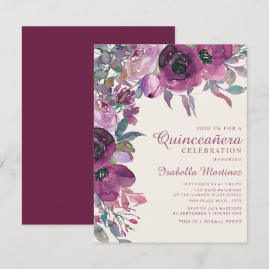 Invitation Boho Garden lilas violet floral script Quinceañera (Devant / Derrière)