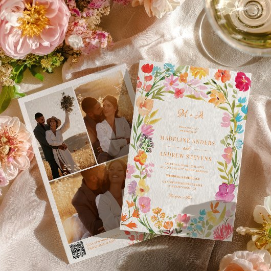 Invitation Boho Garden Summer Floral Photo QR Wedding