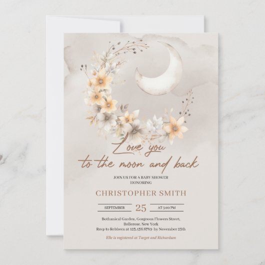 Invitation Boho genre neutre lune florale et dos bébé (Devant)