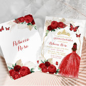 Invitation Boho Géométrique Or et Roses Rouges Quinceañera