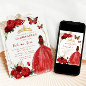 Invitation Boho Géométrique Or et Roses Rouges Quinceañera