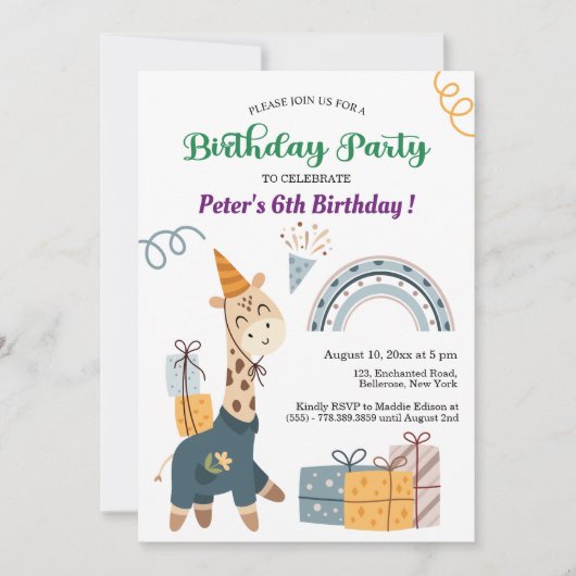 Invitation Boho Giraffe Blue Rainbow 6e anniversaire (Devant)