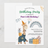 Invitation Boho Giraffe Blue Rainbow 6e anniversaire (Devant / Derrière)