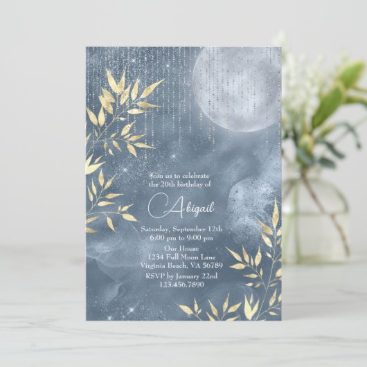 Invitation Boho Glam Blue, Argent, Pleine lune d'or Anniversa (Debout devant)