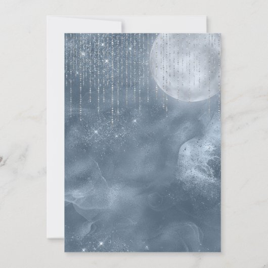 Invitation Boho Glam Blue, Argent, Pleine lune d'or Anniversa (Dos)