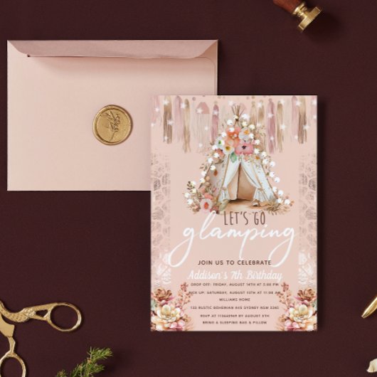 Invitation Boho Glamping Party rose Élégant