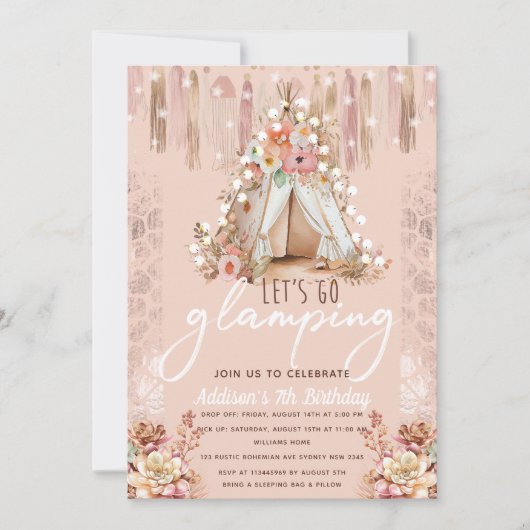 Invitation Boho Glamping Party rose Élégant (Devant)