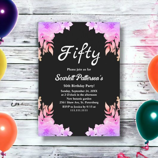 Invitation Boho Glow Neon Couleurs Black Floral 50e anniversa