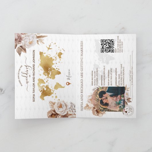 Invitation Boho Gold Destination Mariage Code QR (Intérieur)