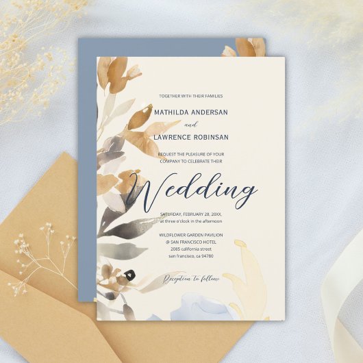 Invitation Boho Gold Dusty Blue Winter Floral Mariage