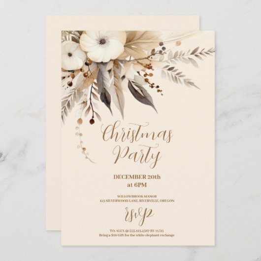 Invitation Boho Gold Floral Noël Party (Devant / Derrière)