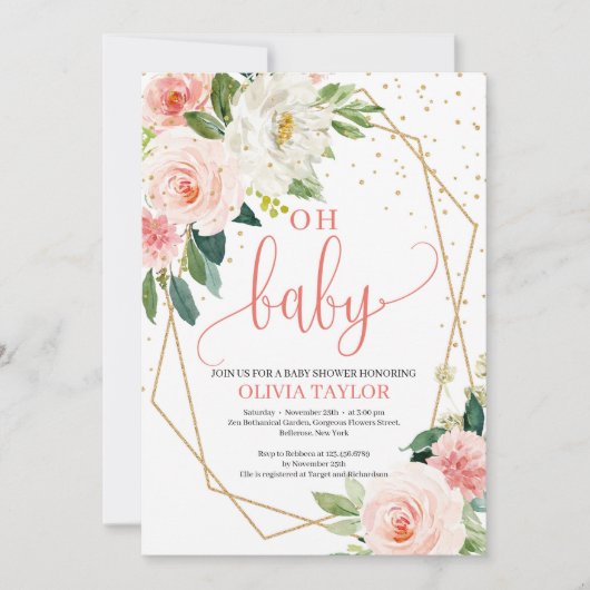 Invitation Boho Gold Géométrique BLush rose Floral Oh bébé (Devant)