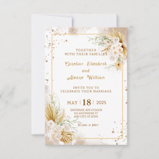Invitation Boho Gold Glitter Pampas Grass & Orchid Wedding (Devant)