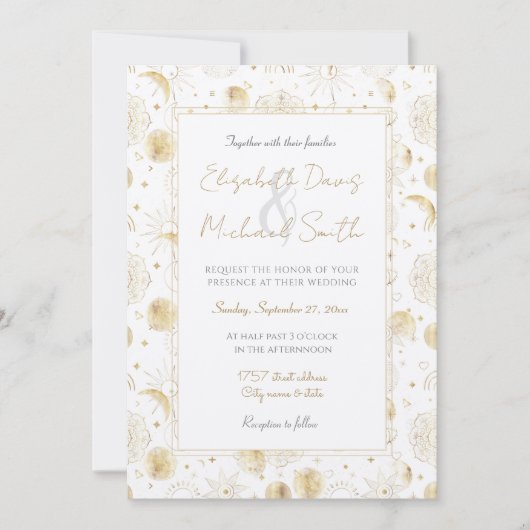 Invitation Boho Gold Space doodles Design blanc (Devant)