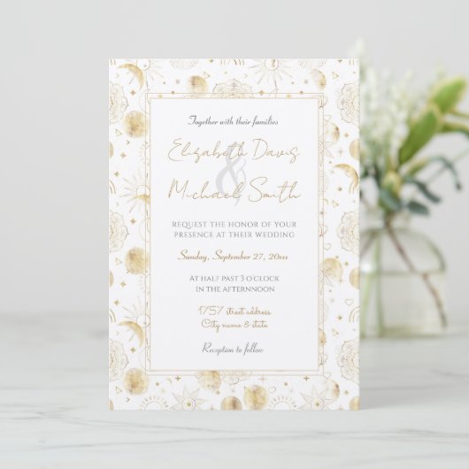 Invitation Boho Gold Space doodles Design blanc (Debout devant)