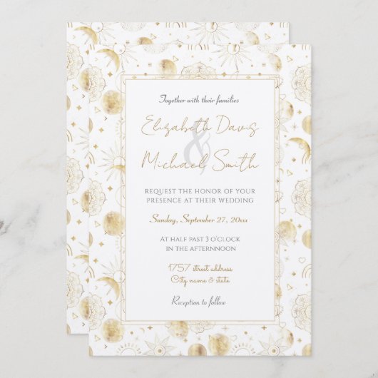 Invitation Boho Gold Space doodles Design blanc (Devant / Derrière)
