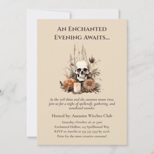 Invitation Boho Gothic Fall Party avec crâne et fleurs (Devant)