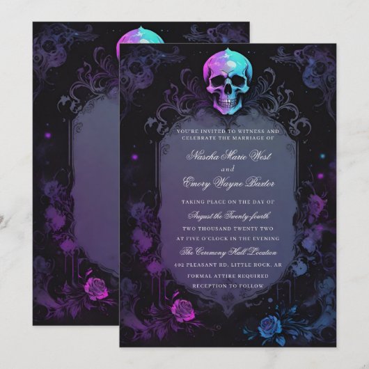Invitation Boho gothique foncé violet Mariage crâne floral (Devant / Derrière)