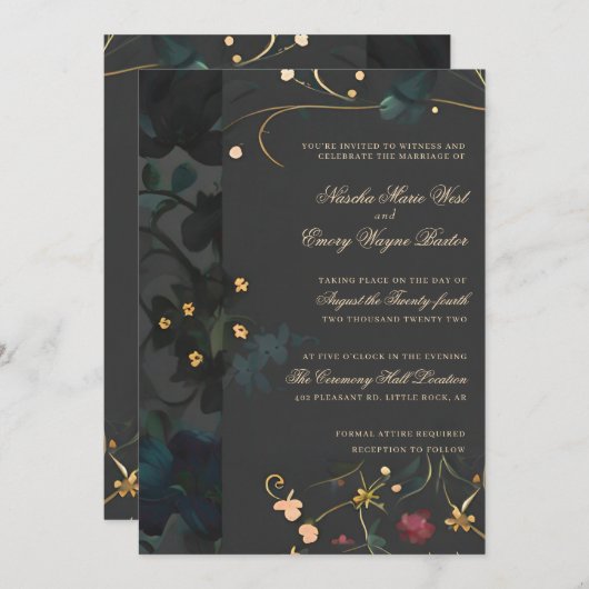 Invitation Boho gothique gris foncé Abstrait Mariage floral I (Devant / Derrière)