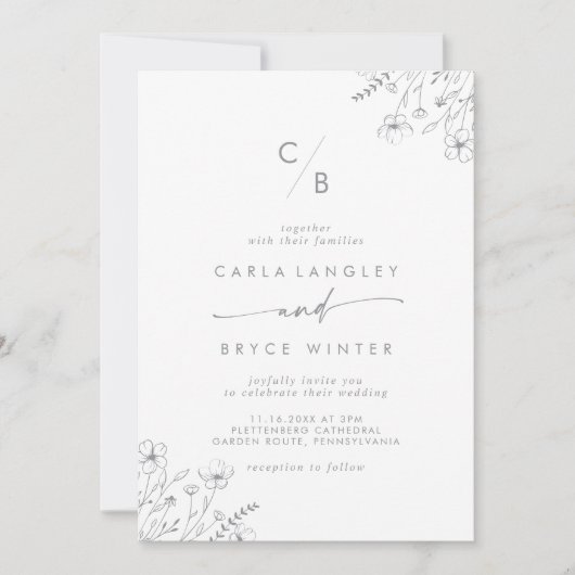 Invitation Boho Gray Calligraphy Wildflower Monogram Wedding (Devant)