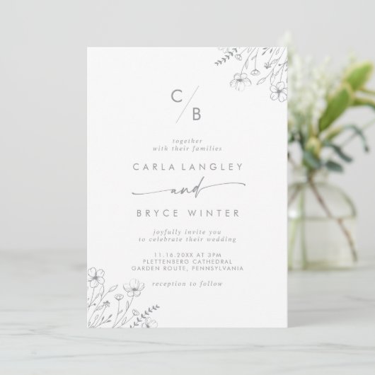 Invitation Boho Gray Calligraphy Wildflower Monogram Wedding (Debout devant)