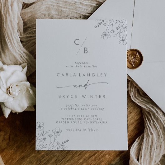 Invitation Boho Gray Calligraphy Wildflower Monogram Wedding