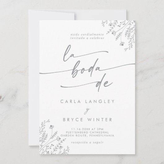 Invitation Boho Gray Wildflower QR Code Spanish Wedding (Devant)