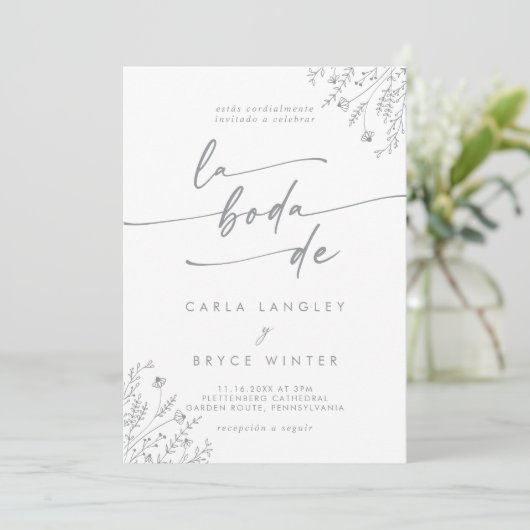 Invitation Boho Gray Wildflower QR Code Spanish Wedding (Debout devant)