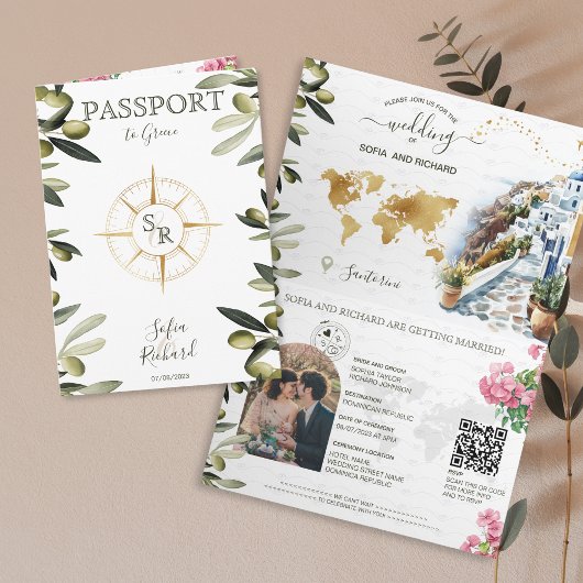 Invitation Boho Grèce Destination Mariage Passeport QR Code