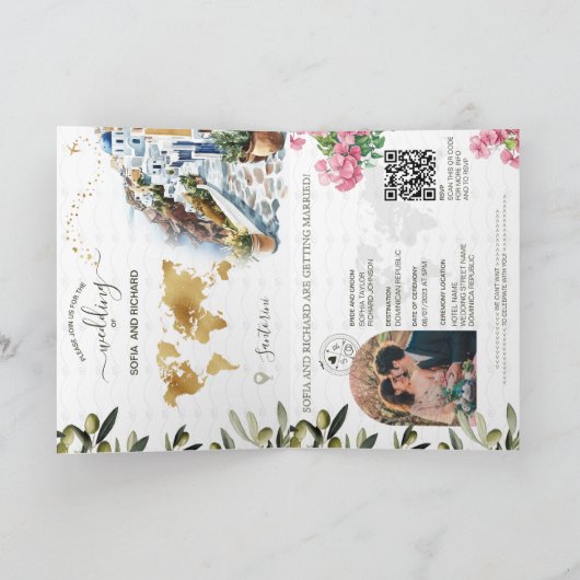 Invitation Boho Grèce Destination Mariage Passeport QR Code (Intérieur)