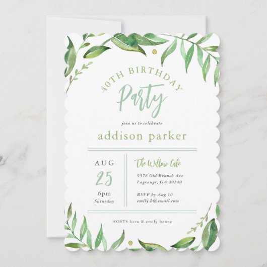 Invitation Boho Green 40e fête d'anniversaire (Devant)