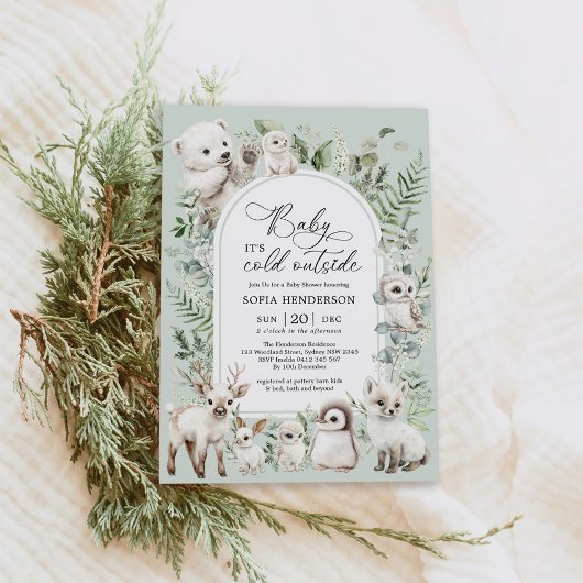 Invitation Boho Green Animaux arctiques Baby shower d'hiver