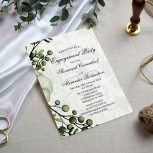 Invitation Boho Green Berry Wreath Damask Fiançailles