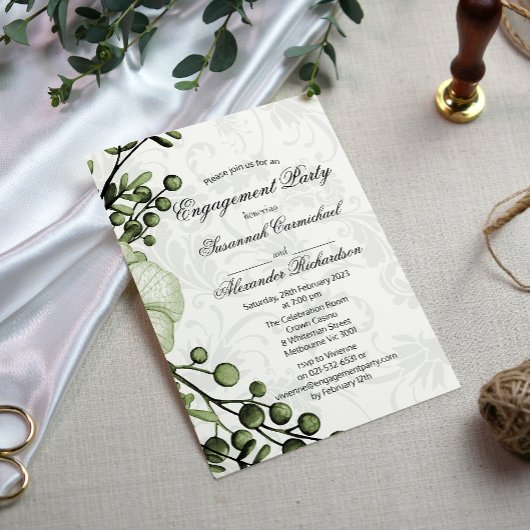 Invitation Boho Green Berry Wreath Damask Fiançailles