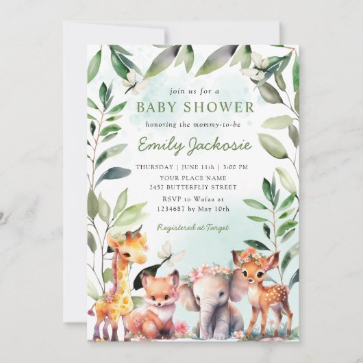 Invitation Boho Green Bois Animaux Baby shower Forêt (Devant)