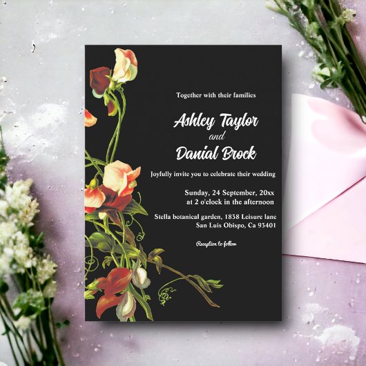 Invitation Boho Green Bourgogne Rose Black Floral Mariage