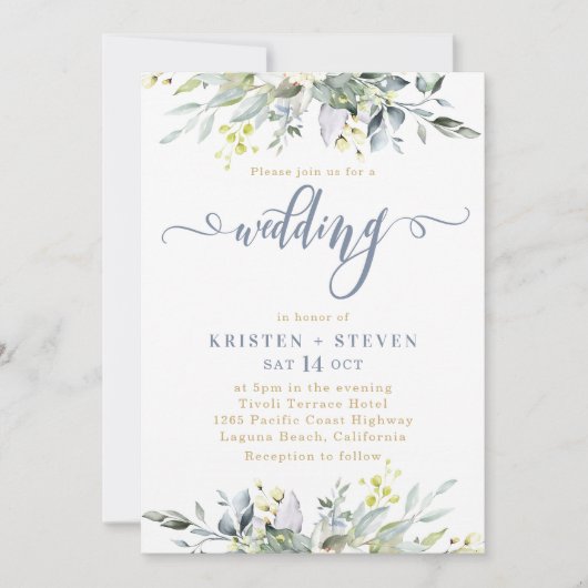 Invitation Boho Green Eucalyptus Mariage Dusty Blue (Devant)